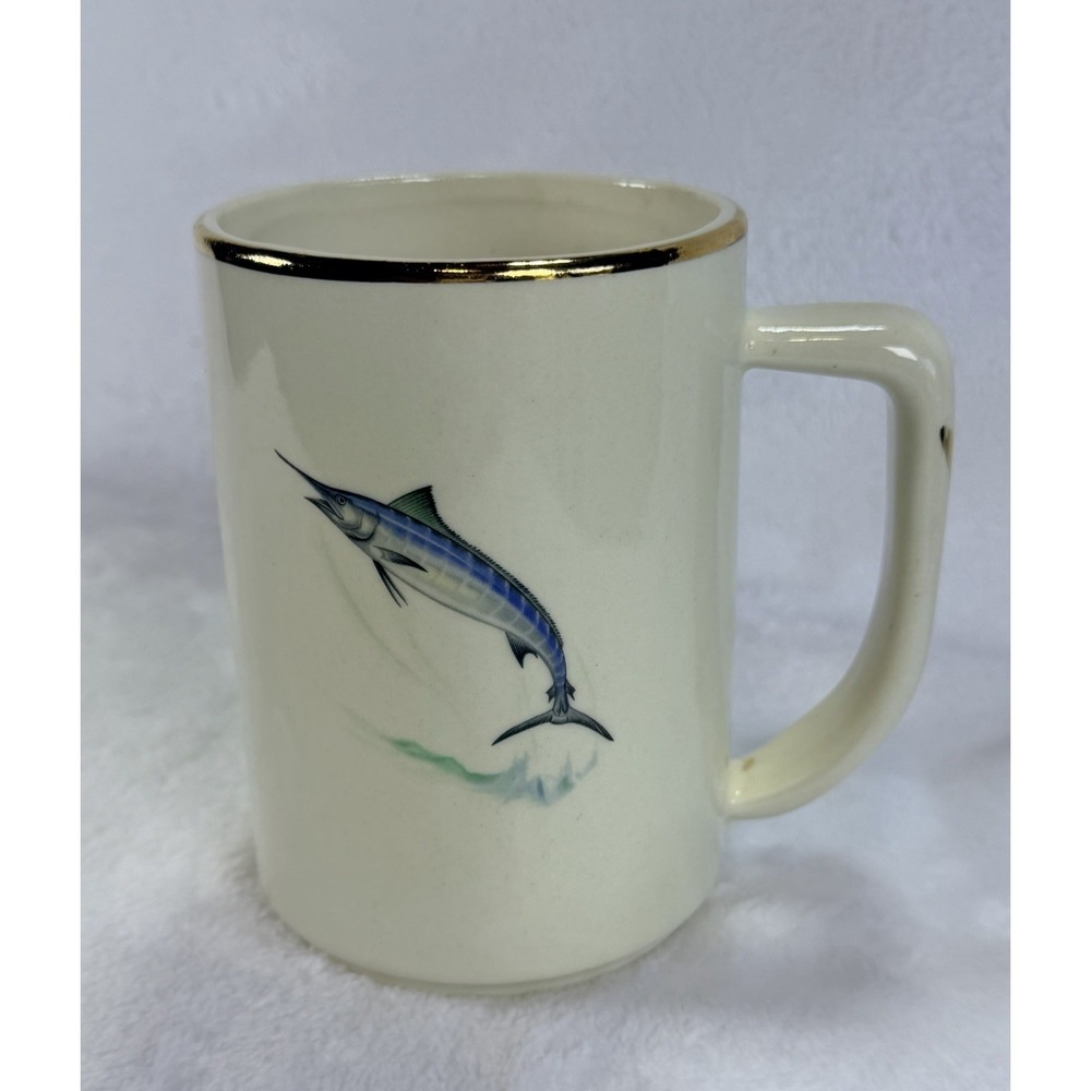 VTG Stanford Pottery Sebring Ohio Blue Marlin Fish Coffee Mug 22k Gold Rim MCM